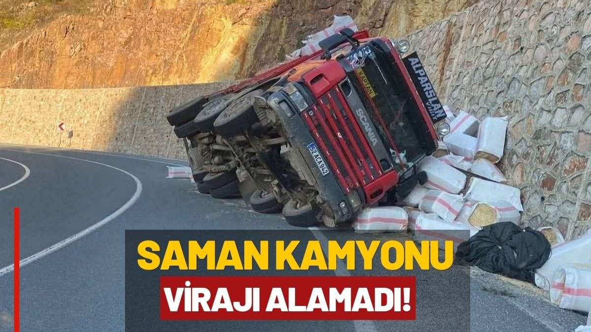 Mesudiye-Ordu Dereyolu’nda Korkutan Kaza: Saman Yüklü Kamyon Yan Yattı